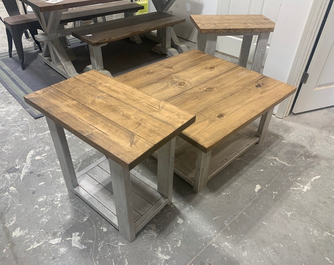 Rustic Living Room Set, Large Farmhouse Coffee Table With Set of Long End Tables, Early American Top, Creamy White Distressed