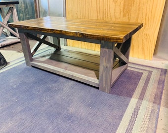 Rustic Farmhouse Coffee Table: Gray & Provincial Brown, X Accent