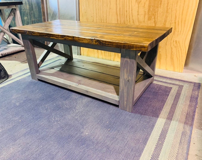 Rustic Farmhouse Coffee Table, Wooden Living Room Furniture with X Criss Cross Accents, Gray Base with Provincial Stained Top