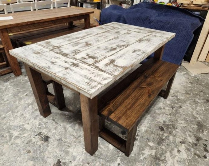 Farmhouse Dining Table with Benches, Weathered White, Dark Walnut, 5ft Kitchen Table Set