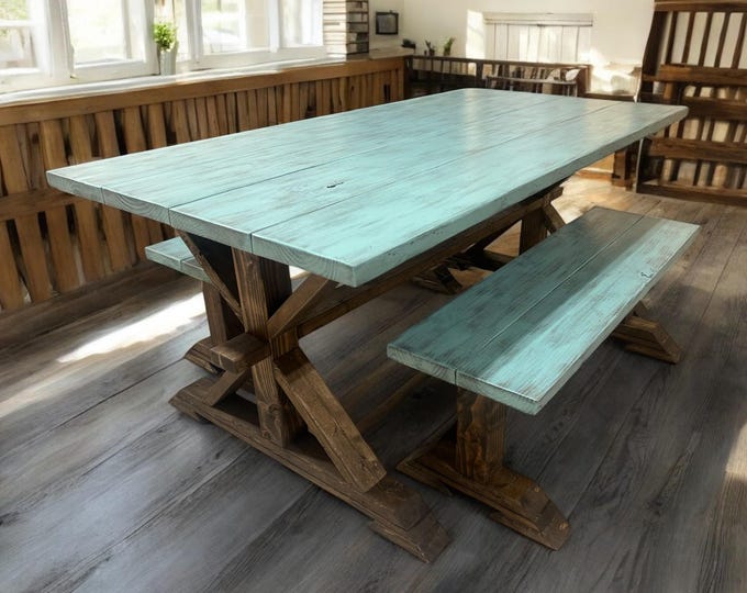 6ft Farmhouse Table with Benches - Distressed Teal, Dark Walnut - Pedestal Dining Table Set - Trestle Wooden Kitchen Table