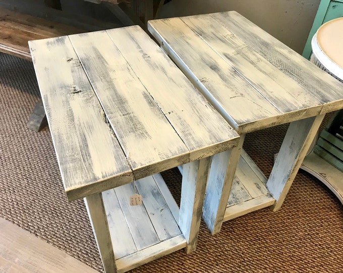 Rustic Handmade Long End Tables Set with Shelve, Distressed Creamy White with Charcoal Gray Showing Through Pair of Farmhouse Side Tables