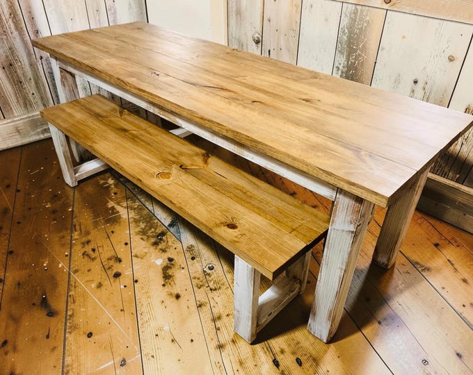 Narrow Farmhouse Table Set with Benches: Distressed White & Early American Brown