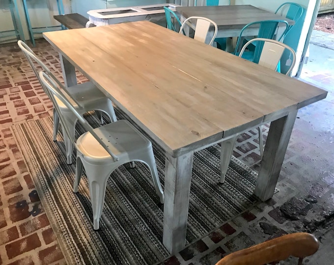 White Wash Farmhouse Table With Metal Chairs Rustic Wooden Gray White Wash Top and Creamy White Distressed Base Dining or Kitchen Table