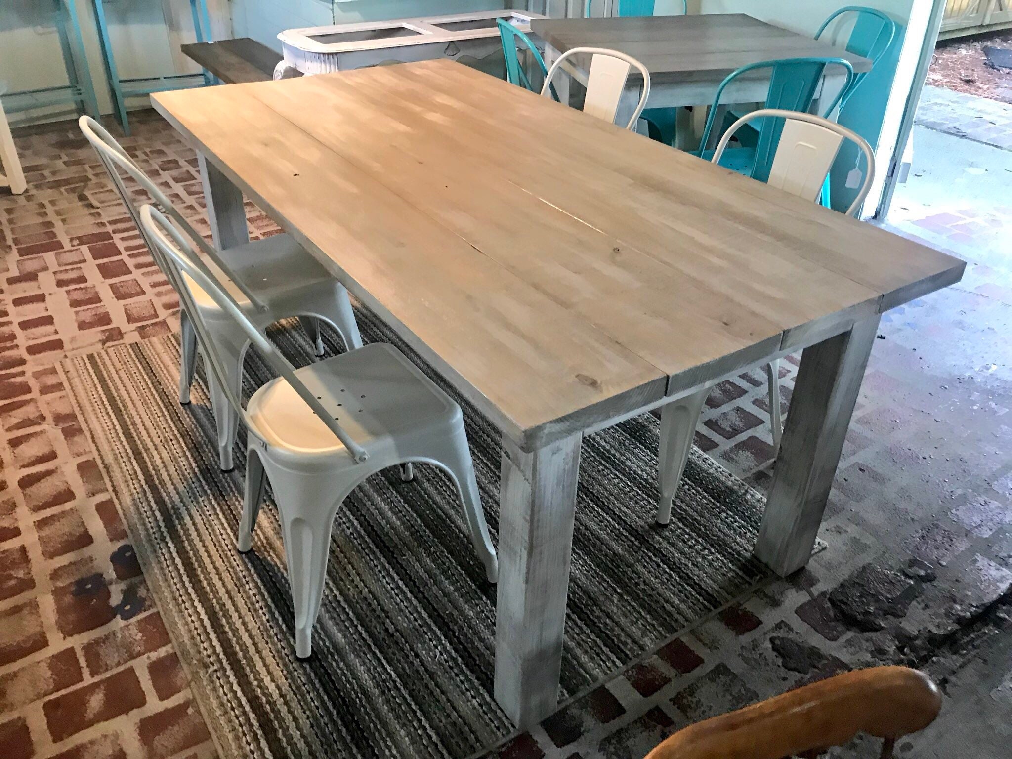 White Wash Farmhouse Table With Metal Chairs Rustic Wooden Etsy