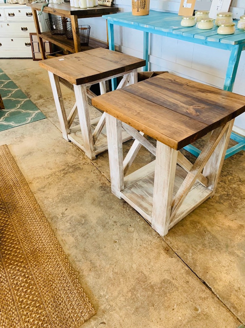 Rustic Handmade End Tables Set with Shelve, Distressed White Base with Provincial Brown Top of Farmhouse Side Tables, X Criss Cross Style image 5