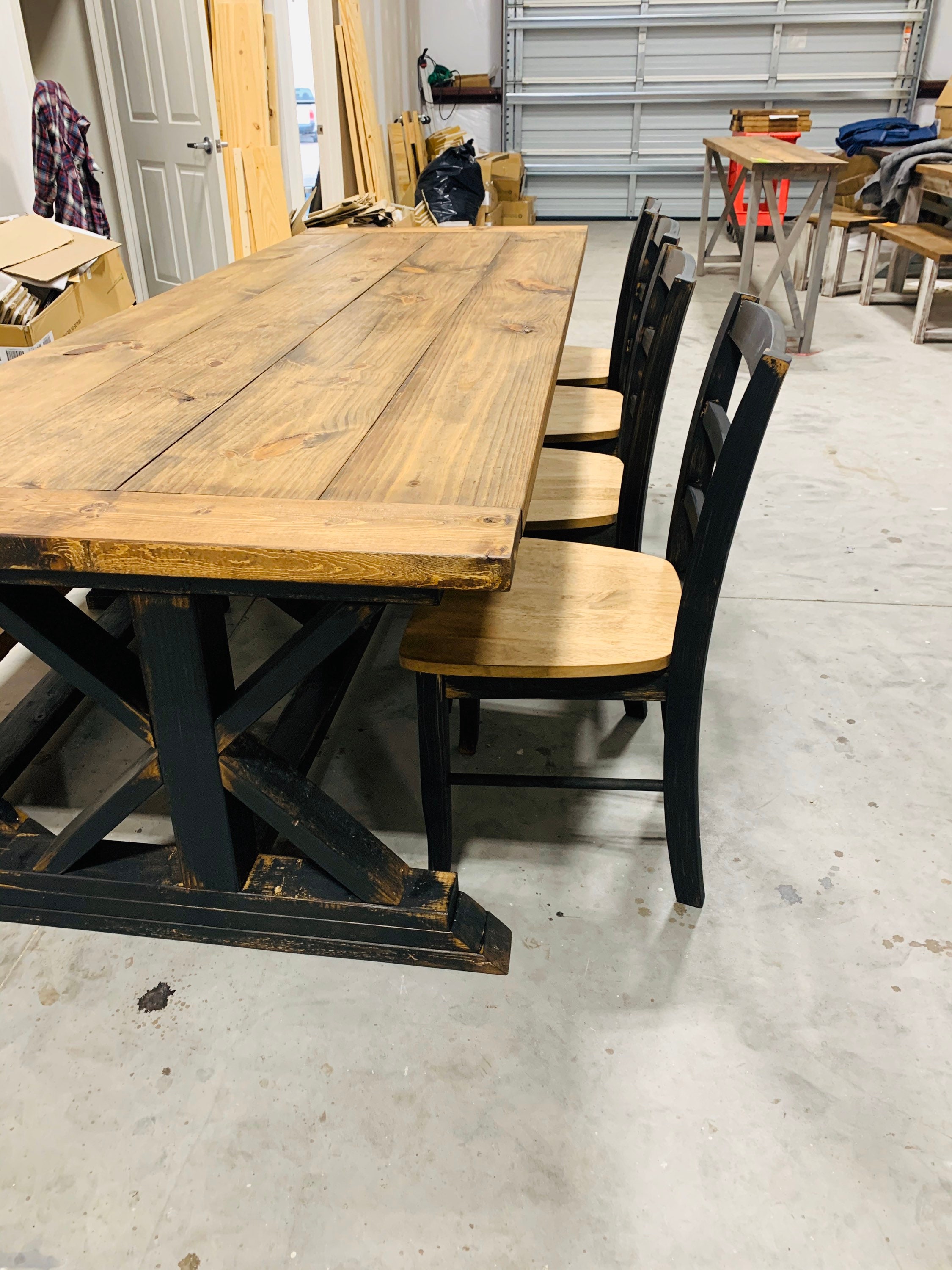 8ft Modern Farmhouse Table Bench and Chairs Provincial with Black Base