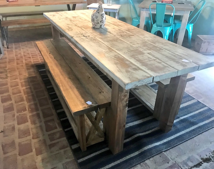 7ft Rustic Weathered Farmhouse Dining Table Set with Wooden Benches with Storage Antique White Distressed Top and Walnut Stained Base