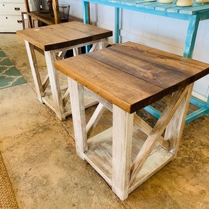 Rustic Handmade End Tables Set with Shelve, Distressed White Base with Provincial Brown Top of Farmhouse Side Tables, X Criss Cross Style image 6