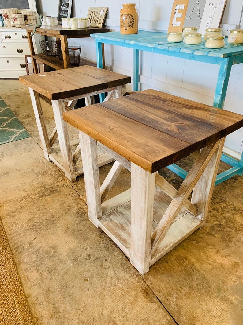 Rustic Handmade End Tables Set with Shelve, Distressed White Base with Provincial Brown Top of Farmhouse Side Tables, X Criss Cross Style image 6