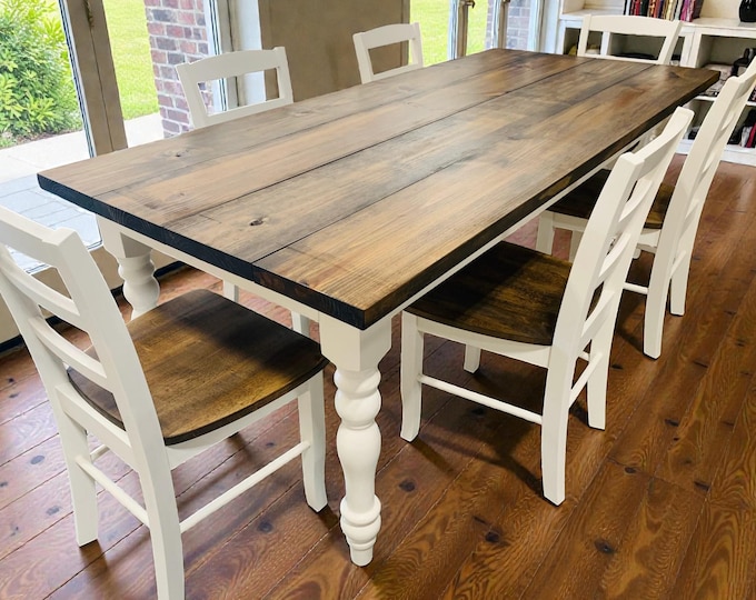 7ft Farmhouse Table: Dark Walnut Top, Antique White Turned Legs
