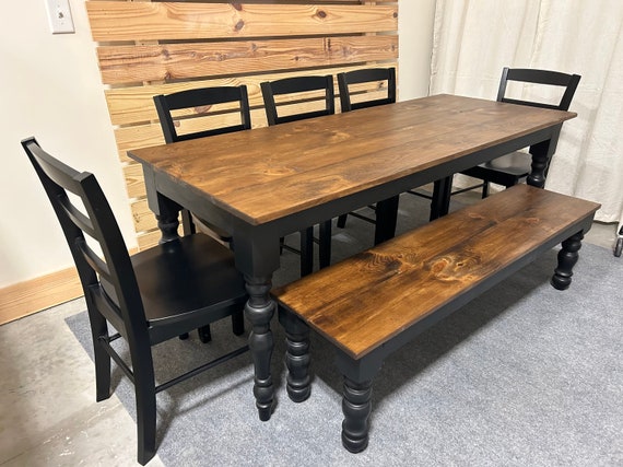 Modern Turned Leg Table Set With Chair and Bench Options Black Base With Provincial Brown Stained Top Narrow Farmhouse Dining Set Etsy