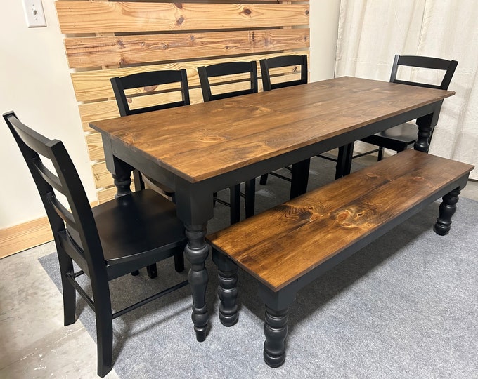 Modern Turned Leg Table Set with Chair and Bench Options - Black Base, with Provincial Brown Stained Top - Narrow Farmhouse Dining Set