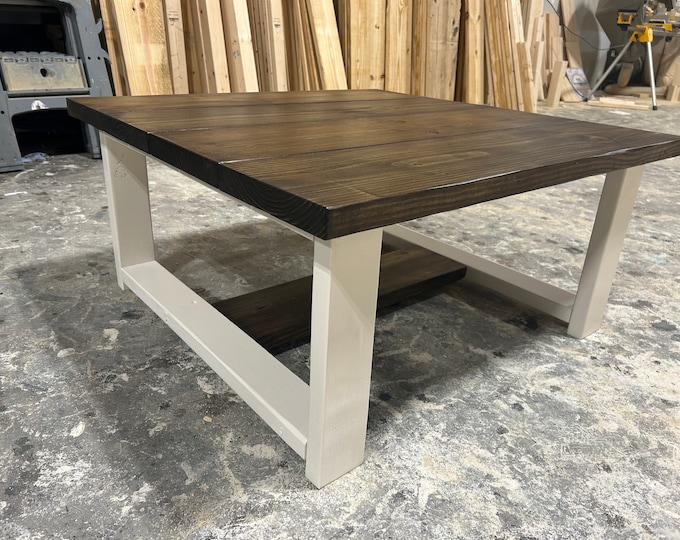 Large Modern Coffee Table, Dark Walnut and Antique White, Farmhouse Living Room Centerpiece