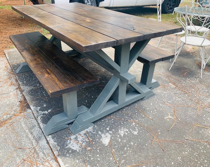 Rustic Pedestal Farmhouse Table With Benches Espresso Brown Top with a Dark Gray Base Dining Set