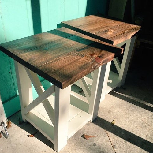 Rustic Handmade End Tables Set With Shelve Distressed White Etsy