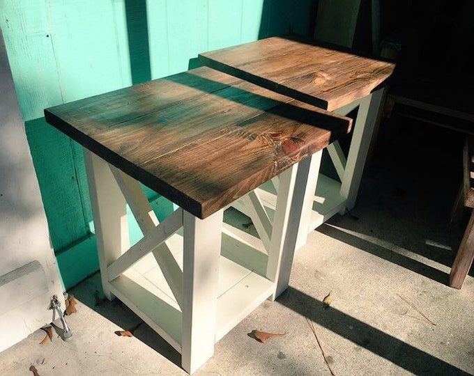 Rustic Handmade End Tables Set with Shelve, White Base with Provincial Brown Top Pair of Farmhouse Side Tables, X Criss Cross Style