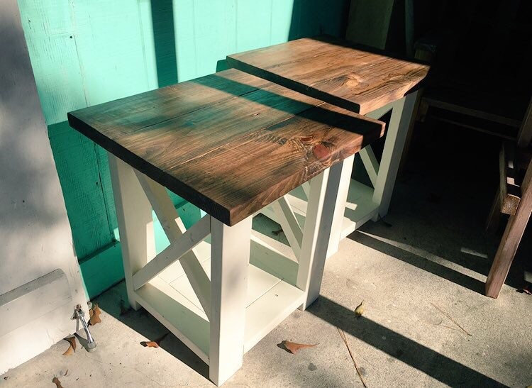 Rustic Handmade End Tables Set With Shelve White Base With
