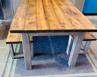 Small Farmhouse Table, Rustic Farmhouse Table with Benches, Provincial Dining Set With Gray Base, 5ft Table and Benches.