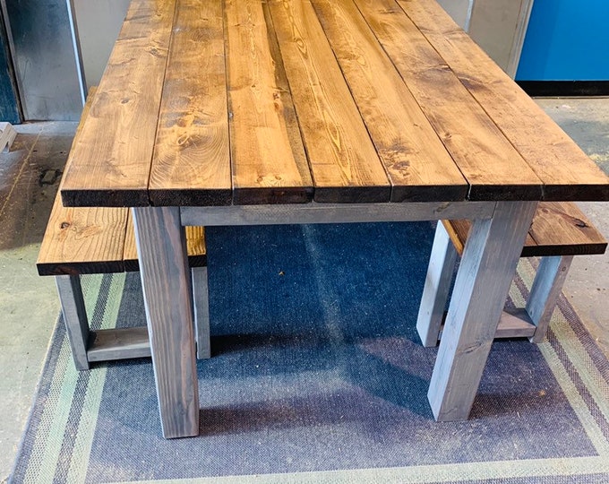 Small Farmhouse Table, Rustic Farmhouse Table with Benches, Provincial Dining Set With Gray Base, 5ft Table and Benches.