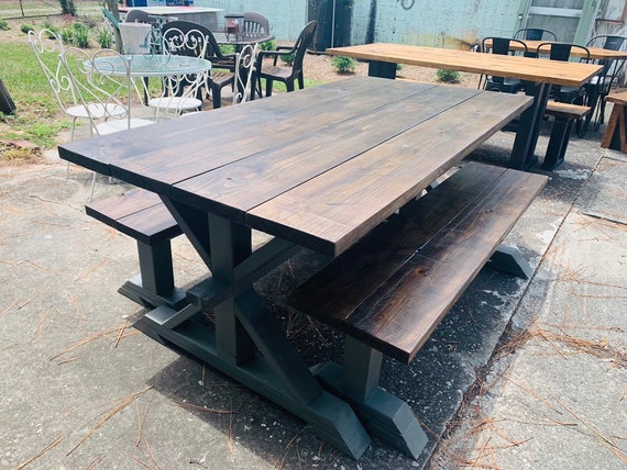 Rustic Pedestal Farmhouse Table With Benches Espresso Brown Top