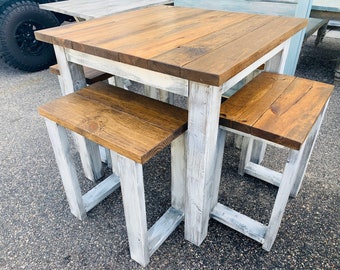 Rustic Farmhouse Counter Height Table with Stools: Distressed White Base