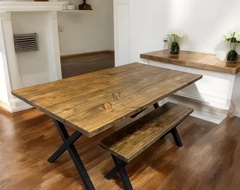 Table and Bench with Industrial Style Look - 6ft Dining Table Set - Roanoke Stain - Steal Metal Legs - Chair Options Available