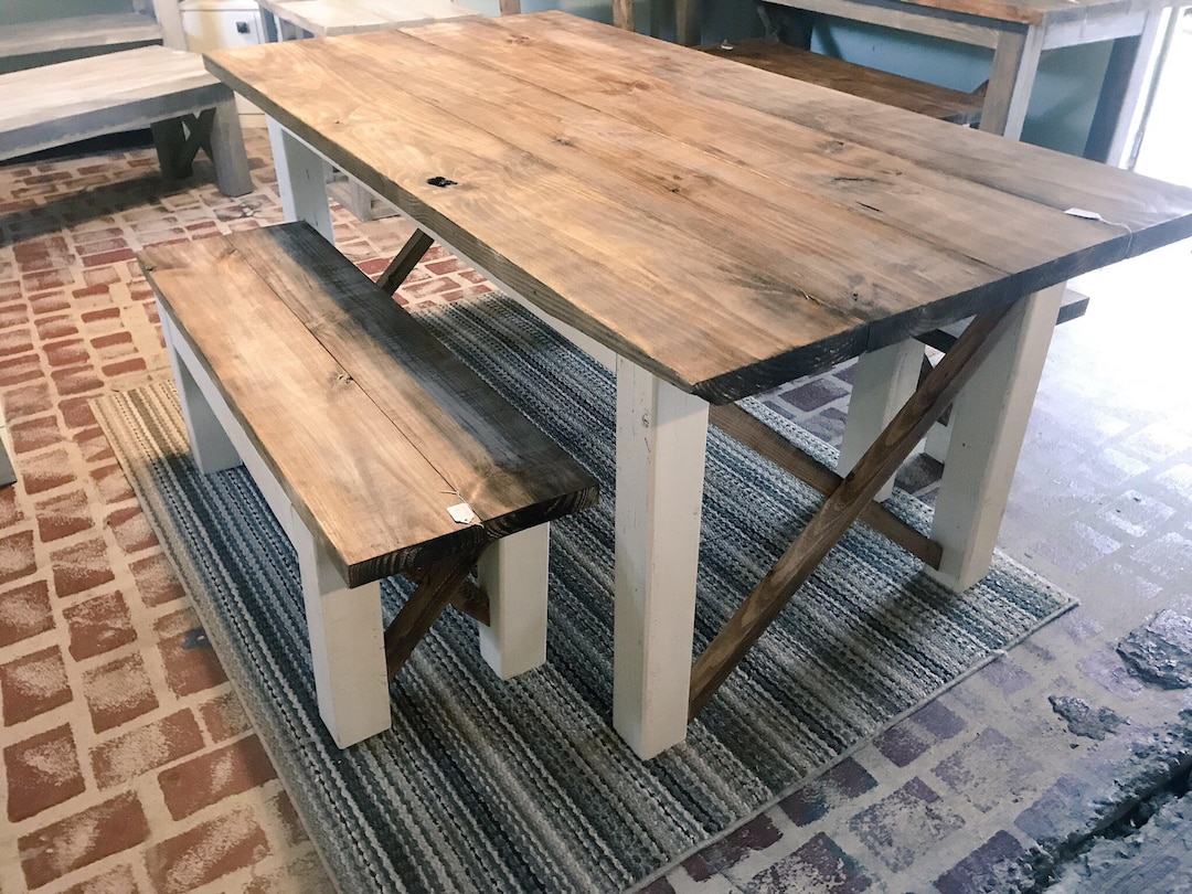 Handmade Farmhouse Table With Benches: Dark Walnut Top, Antique White ...
