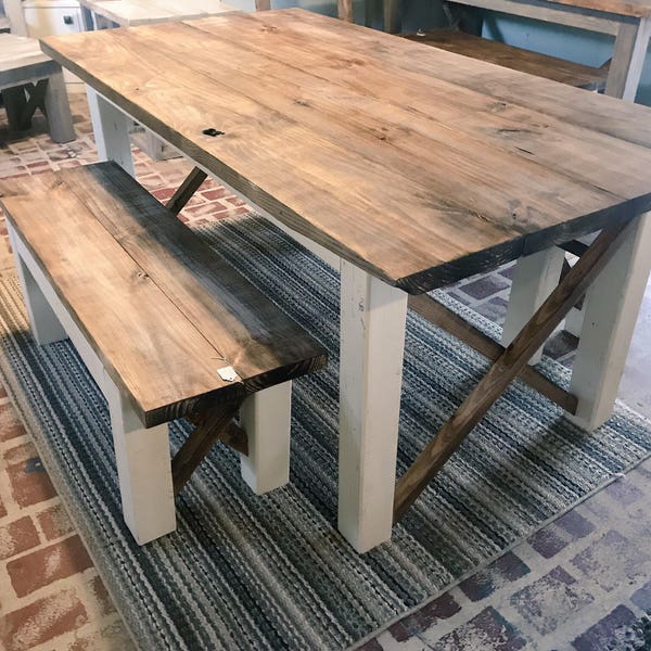 Farmhouse Table With Benches with Dark Walnut Top and Antique White Base and Cross Brace Design.