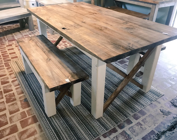 Farmhouse Table With Benches with Dark Walnut Top and Antique White Base and Cross Brace Design.