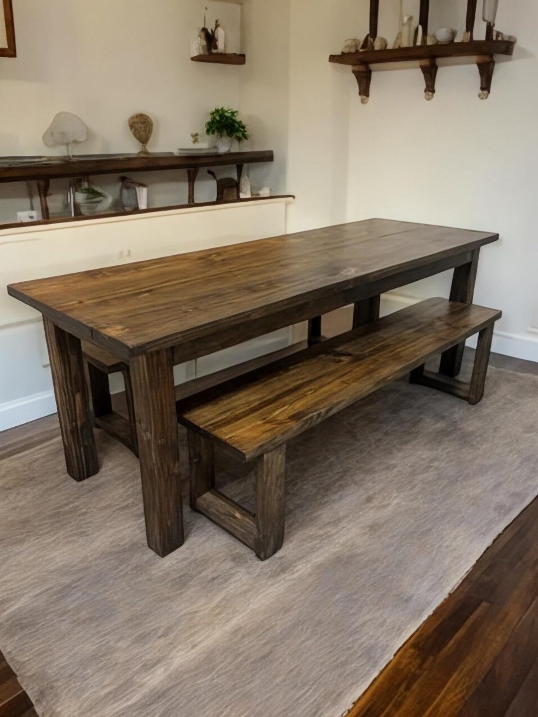Narrow Bench Table Farmhouse Dining Table Set With Benches 7ft Narrow Dark Walnut Rustic ...
