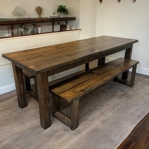 Farmhouse Table with Benches, Brown Dining Set, Table Set, Dark Walnut Long Narrow Farmhouse Table
