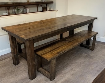 Farmhouse Table with Benches, Brown Dining Set, Table Set, Dark Walnut Long Narrow Farmhouse Table