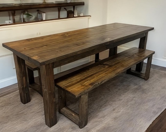 Farmhouse Table with Benches, Brown Dining Set, Table Set, Dark Walnut Long Narrow Farmhouse Table