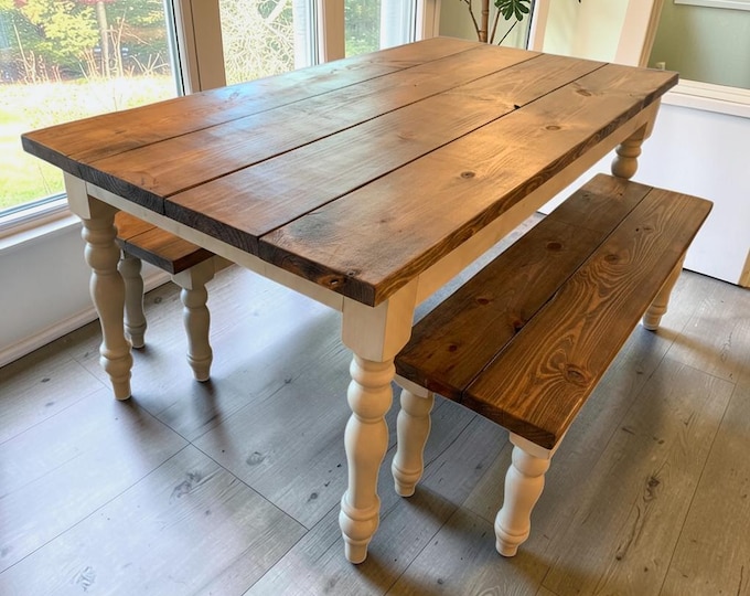 Farmhouse Dining Table Set With Benches 6ft Turned Leg Gray Kitchen Table