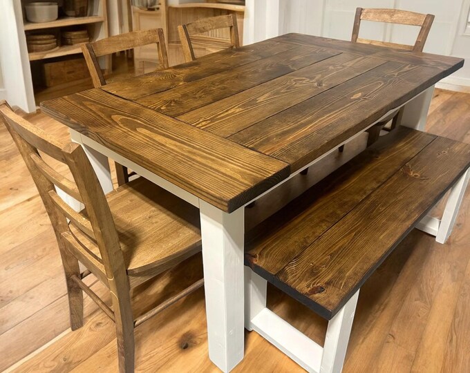 5ft Dining Table - Antique White, Early American Brown - Wooden Farmhouse Kitchen Table - Real Wood
