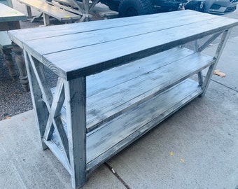 6ft Rustic Wooden Buffet Table, Rustic Console Table, Farmhouse Buffet Table, Distressed White Base and White Wash Top
