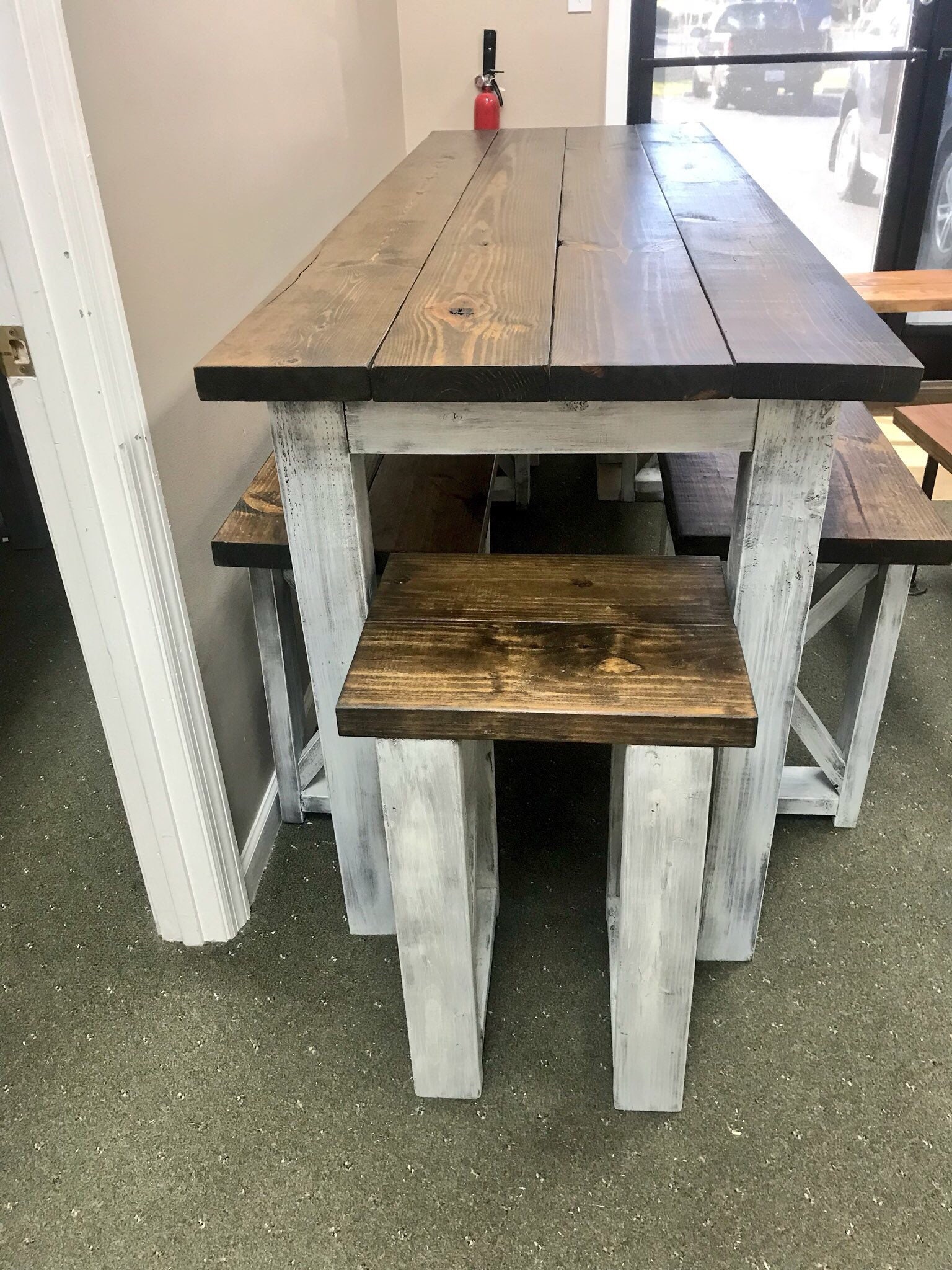 Long Pub Style Farmhouse Table Set, With Stools and Tall Benches, Dark  Walnut Top With White Distressed Base, Tall Farmhouse Table Set 