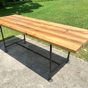 Industrial Style Farmhouse table with Black Iron Pipe Base and Legs Wooden Stained Walnut Top Industrial Rustic Dining Table