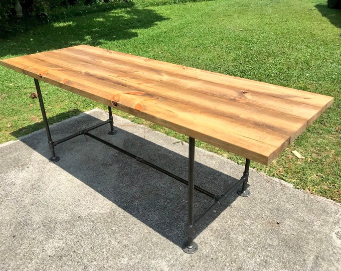 Industrial Style Farmhouse table with Black Iron Pipe Base and Legs Wooden Stained Walnut Top Industrial Rustic Dining Table