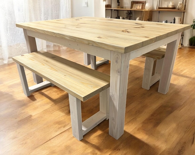 5ft Farmhouse Table Set With Benches - Natural Wood Top - Weathered Oak, Marshmellow White - Dining or Kitchen Table - Wide Table