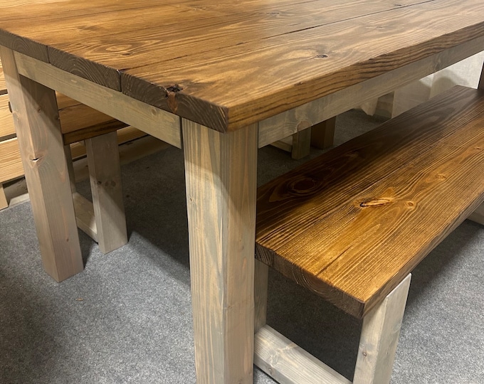 5ft Dining Table - With Benches - Modern Farmhouse Style - Gray, Provincial Brown - Wooden Kitchen Table