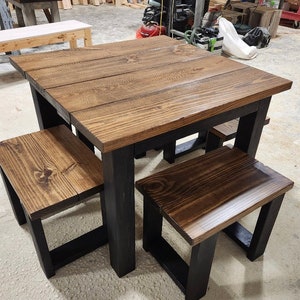 Square Farmhouse Table, Modern Farmhouse Table, Dining Set with Stools, Table with Short Benches, Provincial Brown Top and Black Base