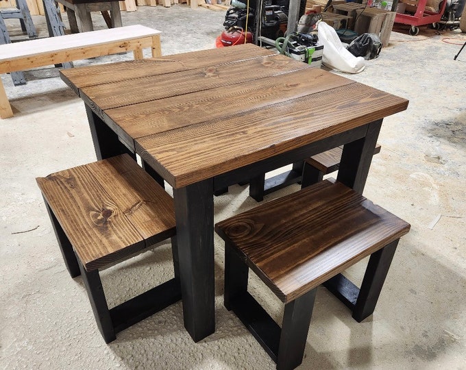 Square Farmhouse Table, Modern Farmhouse Table, Dining Set with Stools, Table with Short Benches, Provincial Brown Top and Black Base