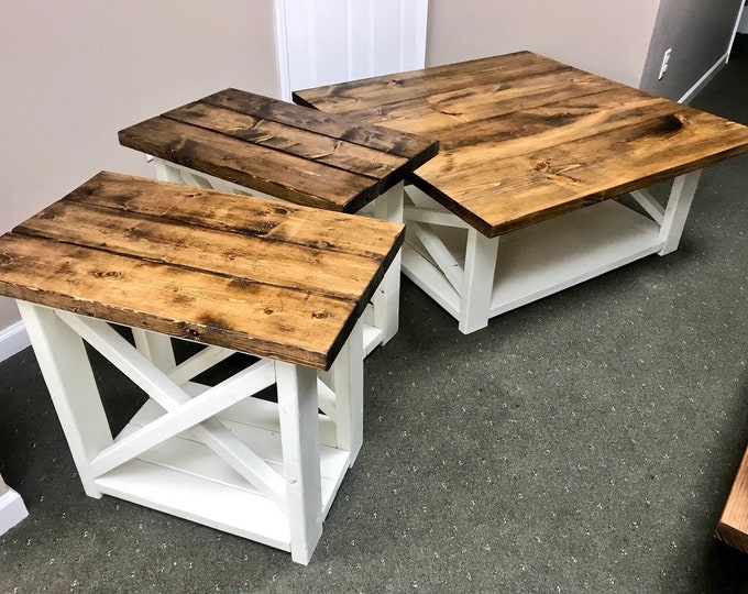 Rustic Living Room Set, Large Farmhouse Coffee Table With Set of Long End Tables, Provincial Brown Top, Creamy White Distressed