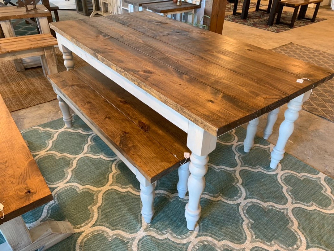 Farmhouse Table Set With Turned Legs,two Benches, Provincial Brown Top ...
