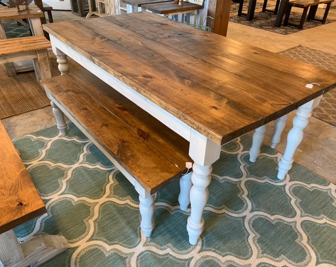 Farmhouse Table Set with Turned Legs,Two Benches, Provincial Brown Top and Gray Sun Bleached Stain Base Dining Set