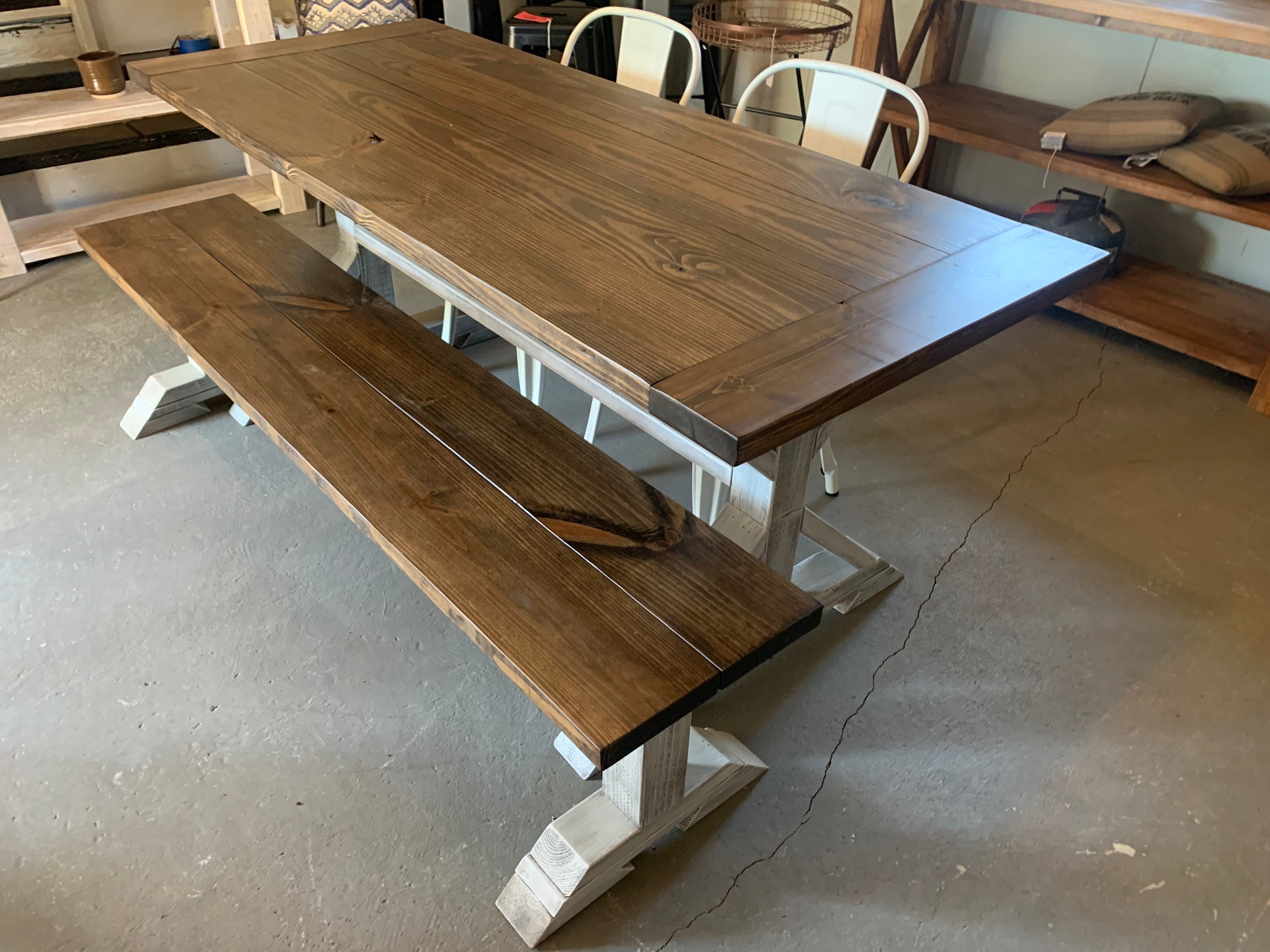 Long Pub Style Farmhouse Table Set, With Stools and Tall Benches, Dark  Walnut Top With White Distressed Base, Tall Farmhouse Table Set 