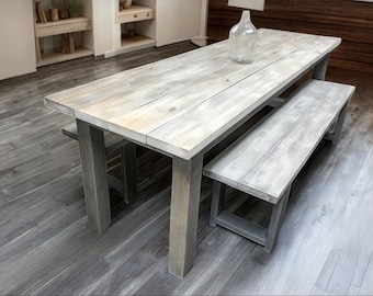 8ft Farmhouse Table with Benches: Gray White Wash Narrow Wooden Dining Set