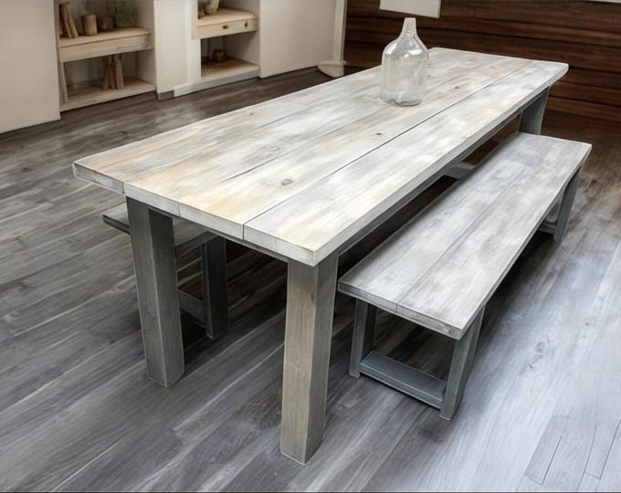8ft Farmhouse Table with Benches Gray, Gray White Wash - Narrow Wooden Dining Table or Kitchen Table